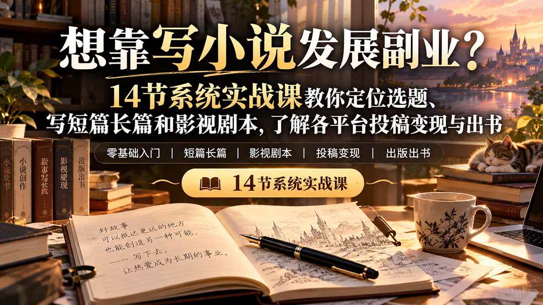（21031期）【无水印】想靠写小说发展副业？14节系统实战课教你定位选题、写短篇长篇和影视剧本，了解各平台投稿变现与出书-多课资源站