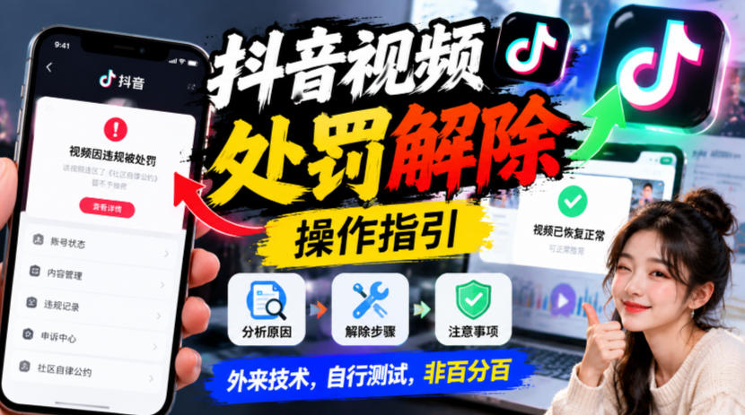 抖音视频处罚解除操作指引，外来技术，自行测试，非百分百-怪兽网创俱乐部