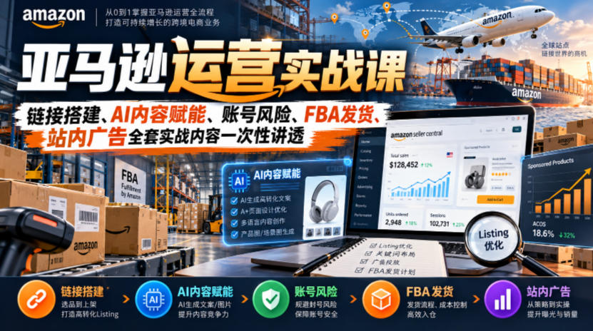 亚马逊运营实战课，链接搭建、AI内容赋能、账号风险、FBA发货、站内广告全套实战内容一次性讲透-多课资源站