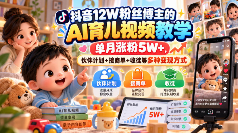 抖音12W粉丝博主的AI育儿视频教学，单月涨粉5W+，伙伴计划+接商单+收徒等多种变现方式-邪修侠