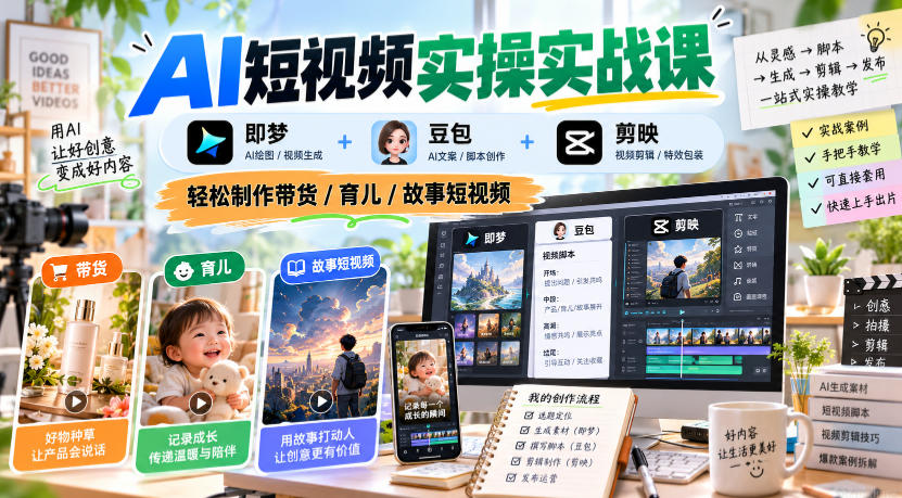 AI短视频实操实战课，即梦+豆包+剪映，轻松制作带货/育儿/故事短视频-多课资源站