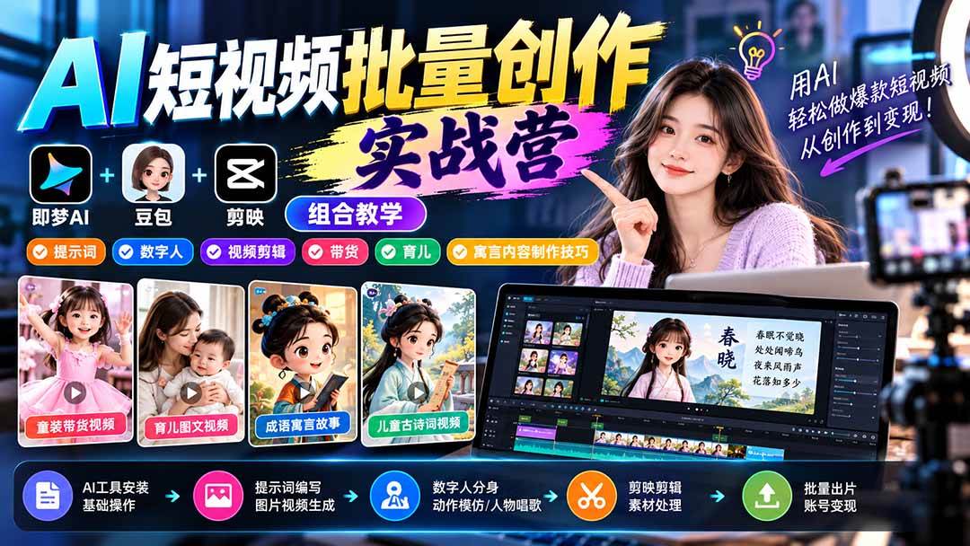 （21039期）【无水印】AI短视频批量创作实战营：即梦+豆包+剪映组合教学，提示词/数字人/视频剪辑/带货/育儿/寓言内容制作技巧-怪兽网创俱乐部