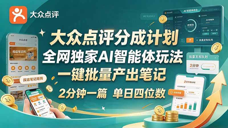 (21055期)最新大众点评分成计划 全网独家 AI 智能体玩法,一键批量产出笔记,2 分钟一篇,新手直接跑出单日四位数-多课资源站