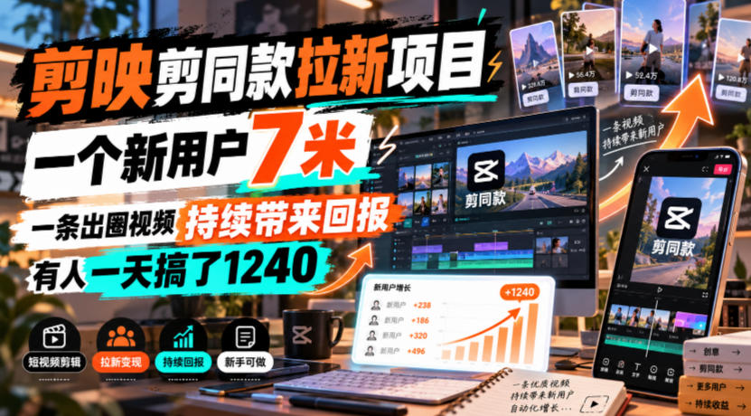 剪映剪同款拉新项目，一个新用户7米，一条出圈视频持续带来回报，有人一天搞了1240-怪兽网创俱乐部