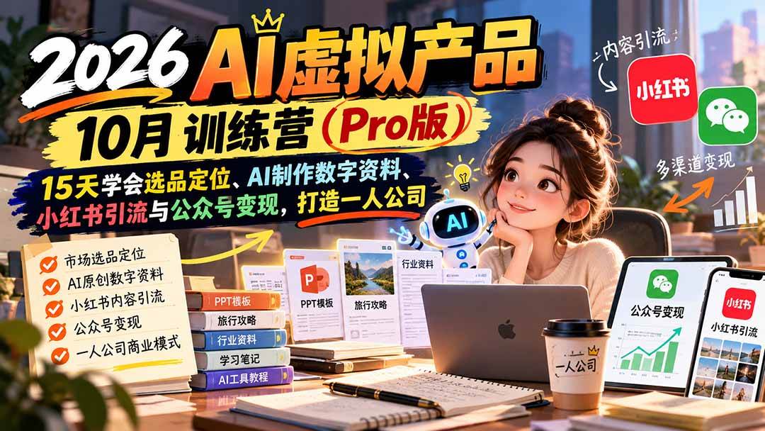 (21054期)2026AI虚拟产品10月训练营(Pro版):15天学会选品定位、AI制作数字资料、小红书引流与公众号变现,打造一人公司 (21054期)2026AI虚拟产品10月训练营(Pro版):15天学会选品定位、AI制作数字资料、小红书引流与公众号变现,打造一人公司