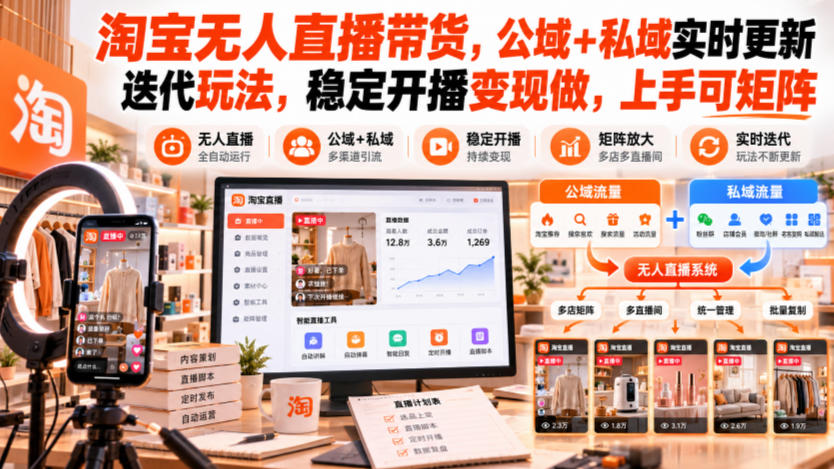 淘宝无人直播带货，公域+私域实时更新迭代玩法，稳定开播变现做，上手可矩阵【揭秘】-怪兽网创俱乐部