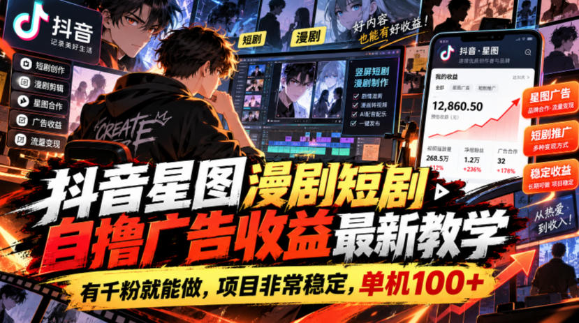 抖音星图漫剧短剧自撸广告收益最新教学，有千粉就能做，项目非常稳定，单机100+-邪修侠 - 演示