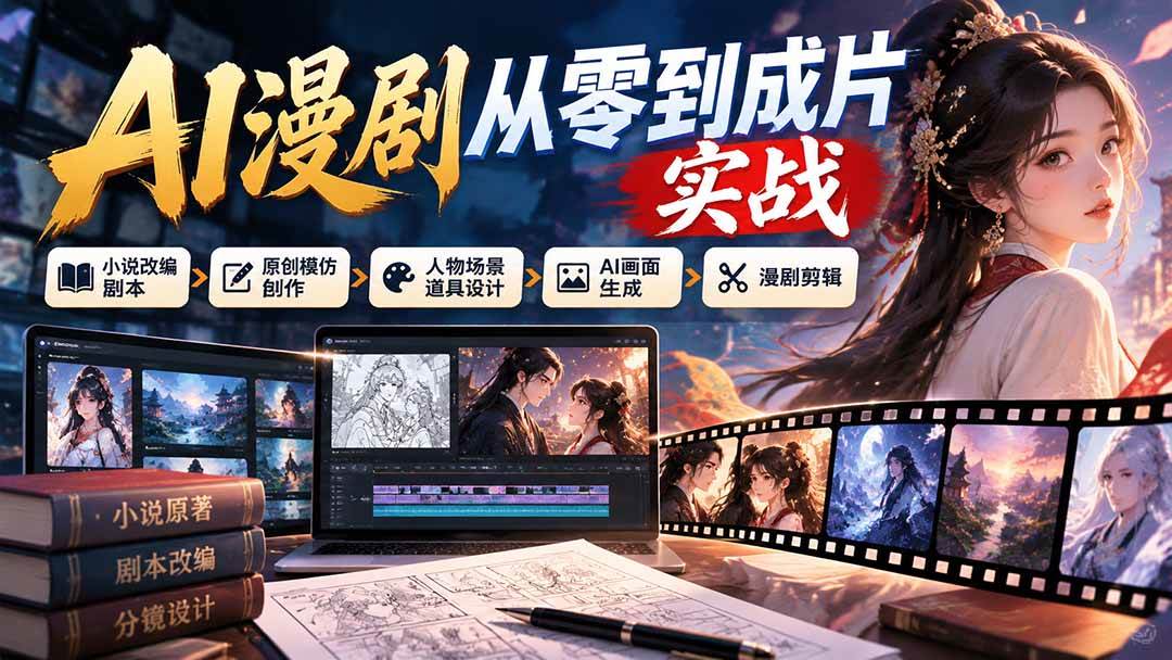 （21069期）AI漫剧从零到成片实战：小说改编剧本、原创模仿创作、人物场景道具设计、AI画面生成与漫剧剪辑