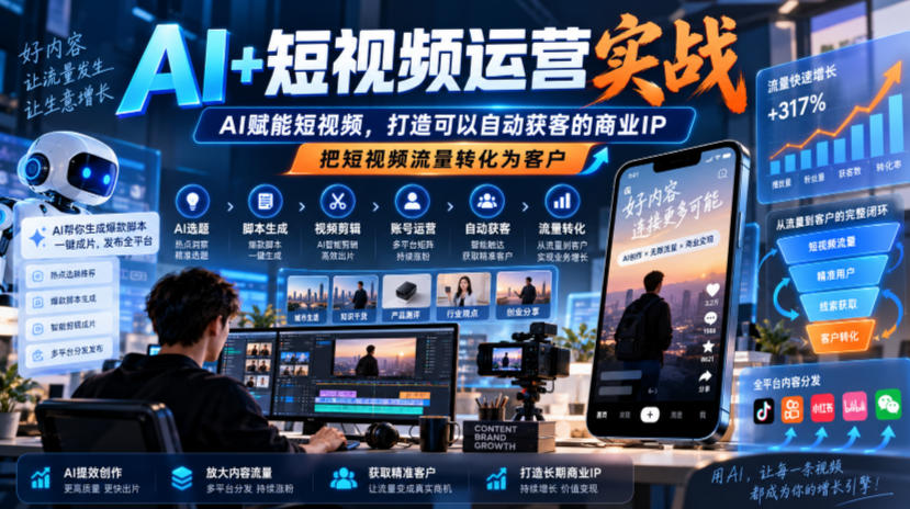 AI+短视频运营实战，AI赋能短视频，打造可以自动获客的商业IP，把短视频流量转化为客户-多课资源站