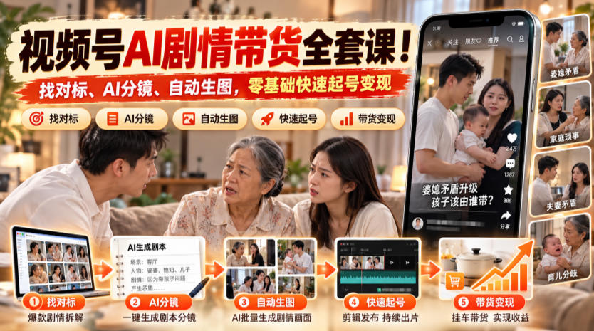 视频号AI剧情带货全套课!找对标、AI分镜、自动生图,零基础快速起号变现-多课资源站