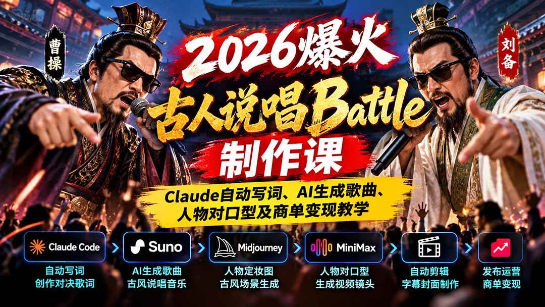 (21059期)2026爆火古人说唱Battle制作课:Claude自动写词、AI生成歌曲、人物对口型及商单变现教学 (21059期)2026爆火古人说唱Battle制作课:Claude自动写词、AI生成歌曲、人物对口型及商单变现教学