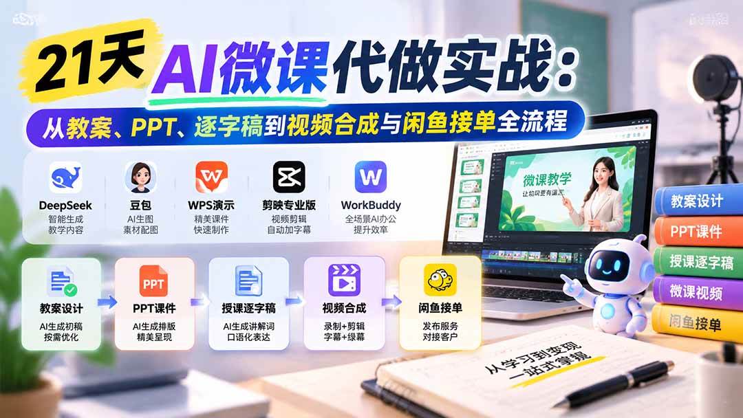 （21065期）21天AI微课代做实战：从教案、PPT、逐字稿到视频合成与闲鱼接单全流程-多课资源站