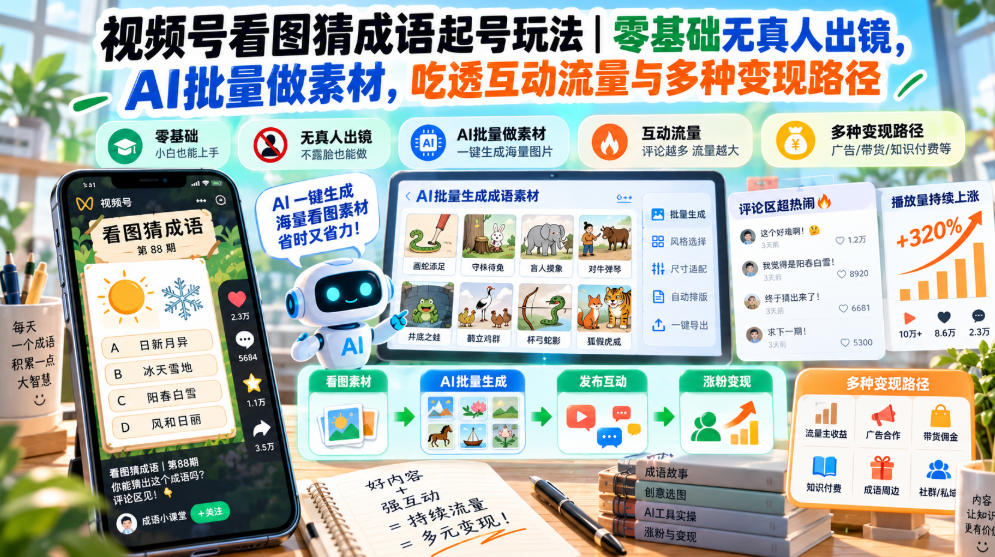 视频号看图猜成语起号玩法｜零基础无真人出镜，AI批量做素材，吃透互动流量与多种变现路径-邪修侠