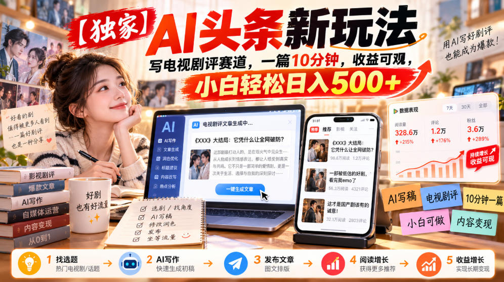 【独家】AI头条新玩法，写电视剧评赛道，一篇10分钟，收益可观，小白轻松日入500+-多课资源站