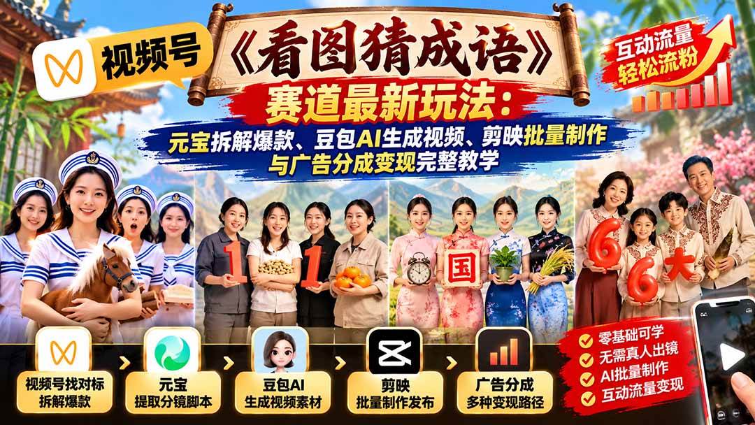（21060期）视频号《看图猜成语》赛道最新玩法：元宝拆解爆款、豆包AI生成视频、剪映批量制作与广告分成变现完整教学-怪兽网创俱乐部