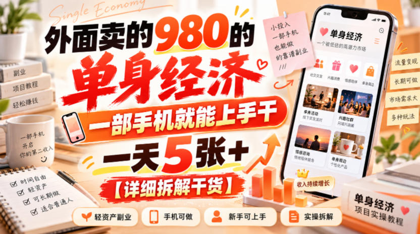 外面卖的980的单身经济，一部手机就能上手干，一天5张+【详细拆解干货】-多课资源站