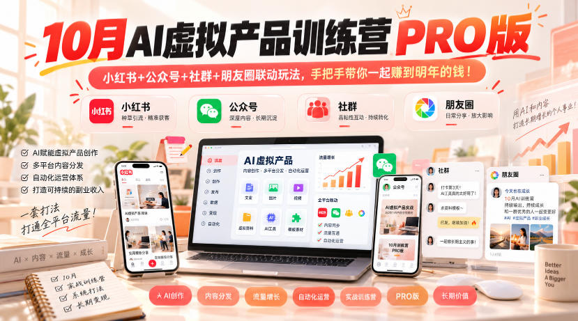 10月AI虚拟产品训练营PRO版，小红书+公众号+社群+朋友圈联动玩法，手把手带你一起赚到明年的钱！-多课资源站