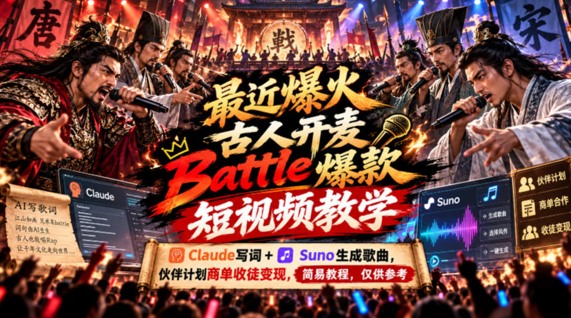 最近爆火古人开麦Battle爆款短视频教学，Claude写词+Suno生成歌曲，伙伴计划商单收徒变现，简易教程，仅供参考-多课资源站