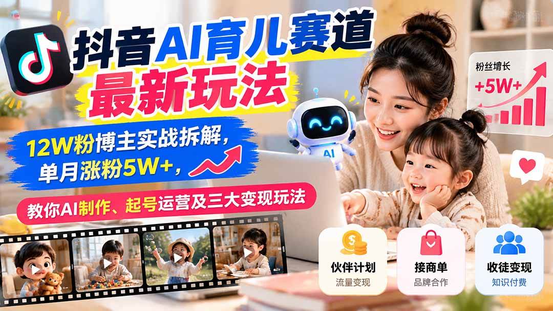 （21082期）抖音AI育儿赛道最新玩法：12W粉博主实战拆解，单月涨粉5W+，教你AI制作、起号运营及三大变现玩法-怪兽网创俱乐部
