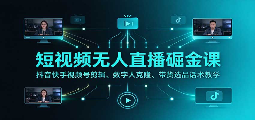 短视频无人直播掘金课：抖音快手视频号剪辑、数字人克隆、带货选品话术教学-怪兽网创俱乐部