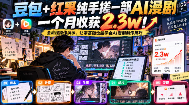 豆包+红果纯手搓一部AI漫剧一个月收获2.3w！全流程操作演示，让零基础也能学会AI漫剧制作技巧-怪兽网创俱乐部