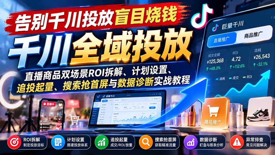 （21079期）告别千川投放盲目烧钱：直播商品双场景ROI拆解、计划设置、追投起量、搜索抢首屏与数据诊断实战教程-怪兽网创俱乐部