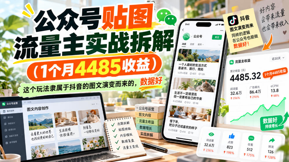 公众号贴图流量主实战拆解(1个月4485收益)，这个玩法隶属于抖音的图文演变而来的，数据好-怪兽网创俱乐部