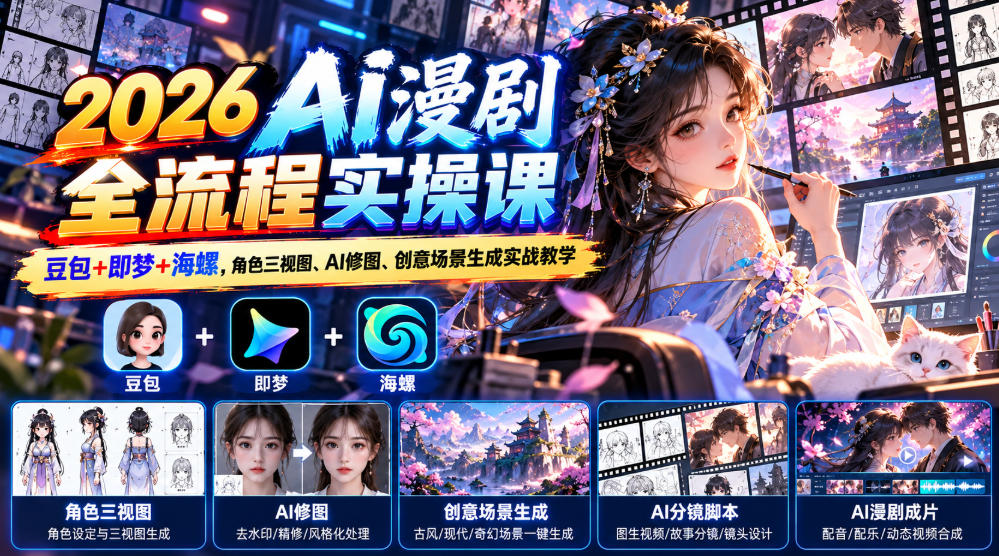 【无水印】2026 AI漫剧全流程实操课｜豆包+即梦+海螺，角色三视图、AI修图、创意场景生成实战教学-多课资源站