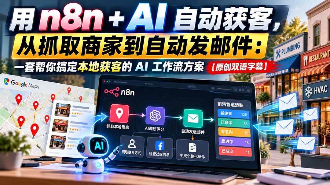 （21076期）用 n8n + AI 自动获客，从抓取商家到自动发邮件：一套帮你搞定本地获客的 AI 工作流方案【原创双语字幕】-怪兽网创俱乐部