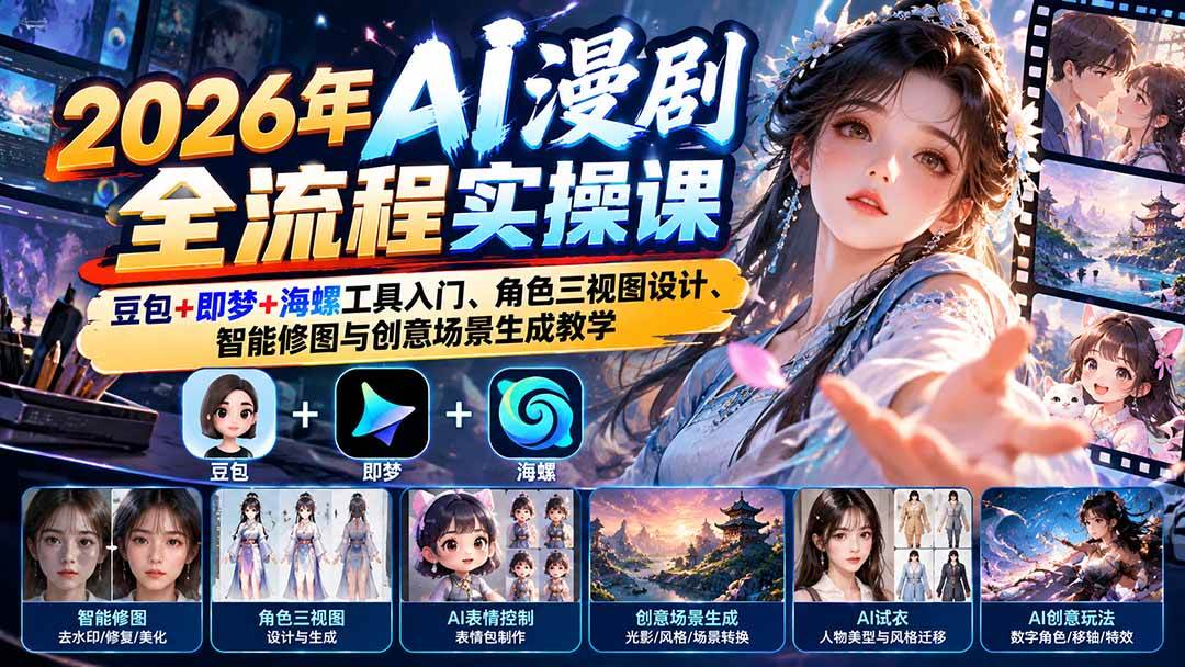 （21077期）2026年AI漫剧全流程实操课：豆包+即梦+海螺工具入门、角色三视图设计、智能修图与创意场景生成教学-怪兽网创俱乐部