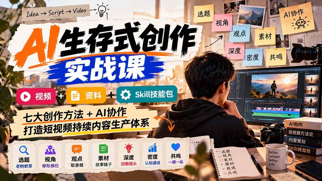 （21081期）AI生存式创作实战课：视频+资料+Skill技能包，七大创作方法+AI协作，打造短视频持续内容生产体系-怪兽网创俱乐部