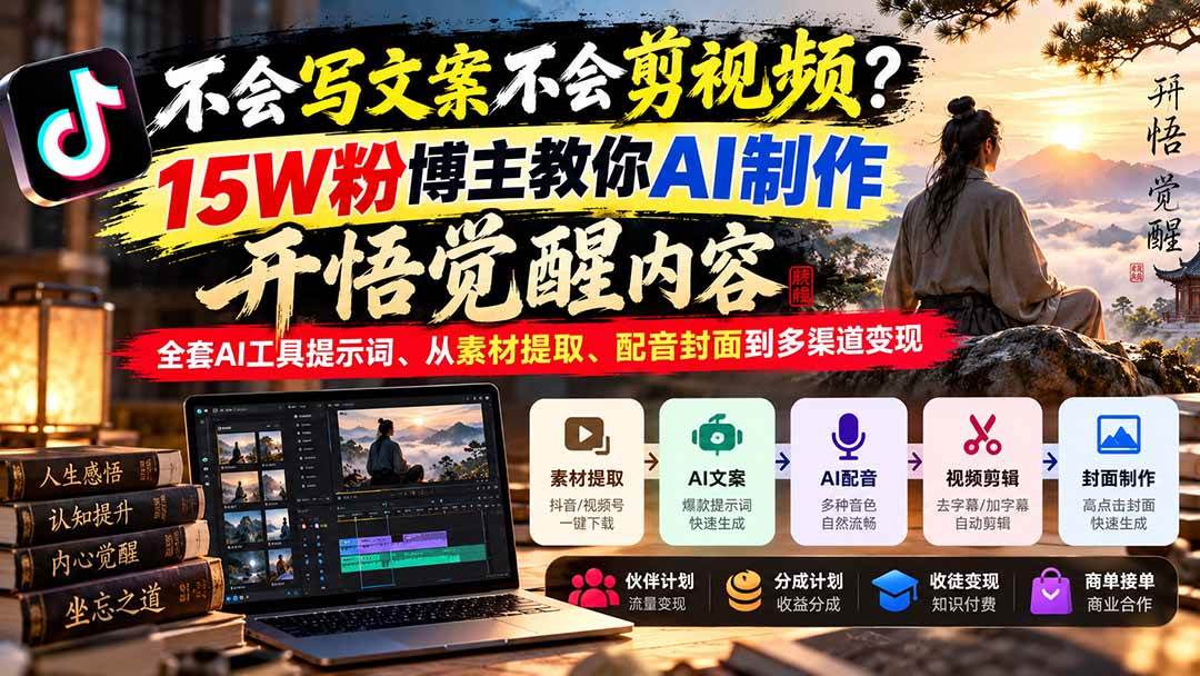 （21085期）不会写文案不会剪视频？15W粉博主教你AI制作开悟觉醒内容，全套AI工具提示词、从素材提取、配音封面到多渠道变现-怪兽网创俱乐部