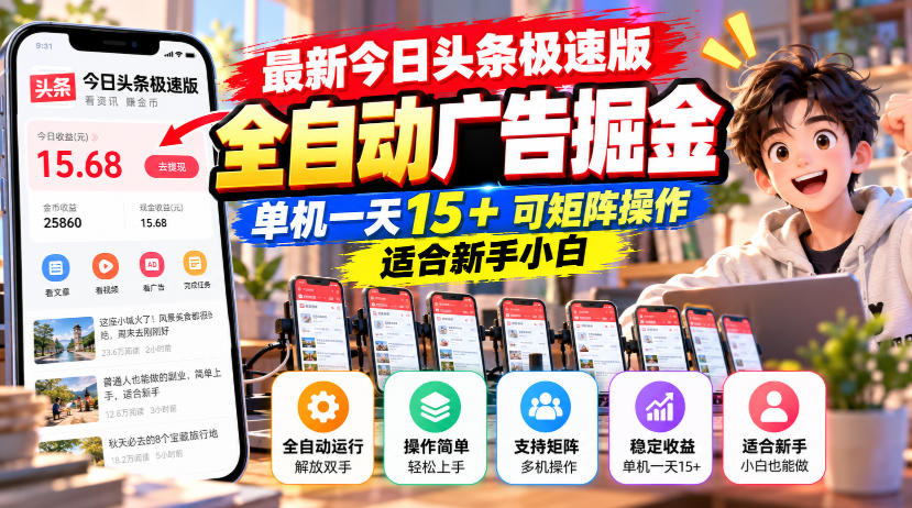最新今日头条极速版全自动广告掘金，单机一天15+可矩阵操作适合新手小白-邪修侠 - 演示