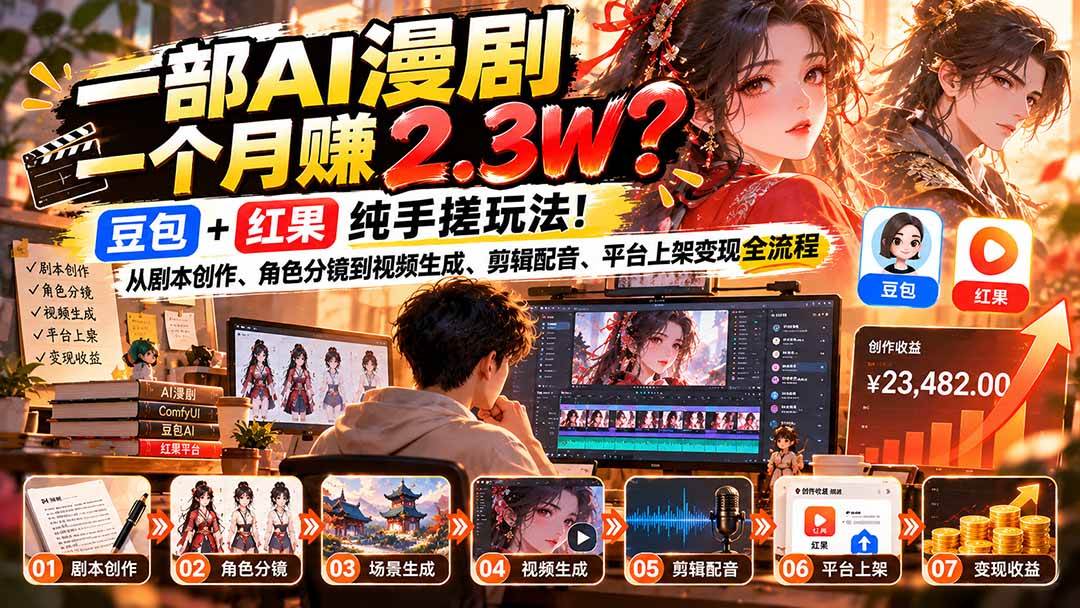 （21089期）一部AI漫剧一个月赚2.3W？豆包+红果纯手搓玩法！从剧本创作、角色分镜到视频生成、剪辑配音、平台上架变现全流程-怪兽网创俱乐部