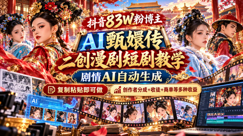 抖音83W粉博主AI甄嬛传二创漫剧短剧教学｜剧情AI自动生成，复制粘贴即可做，各大平台创作者分成+收徒等多种收益-多课资源站