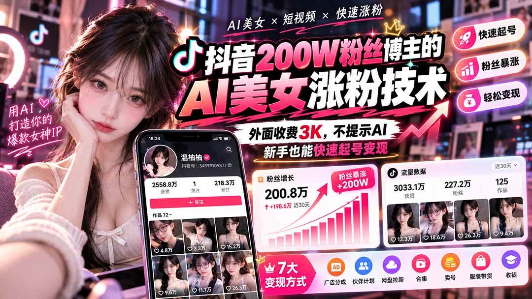 （21106期）抖音200W粉丝博主的AI美女涨粉技术，外面收费3K，不提示AI，新手也能快速起号变现-多课资源站