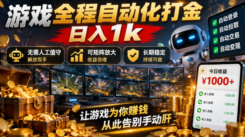 游戏全程自动化打金，日入1k，无需人工值守，解放双手，可矩阵放大，长期稳定【揭秘】-怪兽网创俱乐部