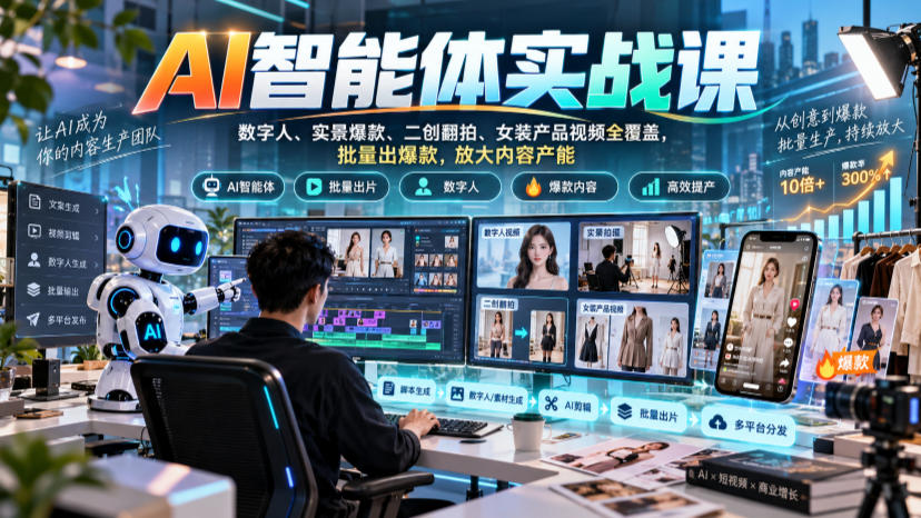 AI智能体实战课，数字人、实景爆款、二创翻拍、女装产品视频全覆盖，批量出爆款，放大内容产能-怪兽网创俱乐部