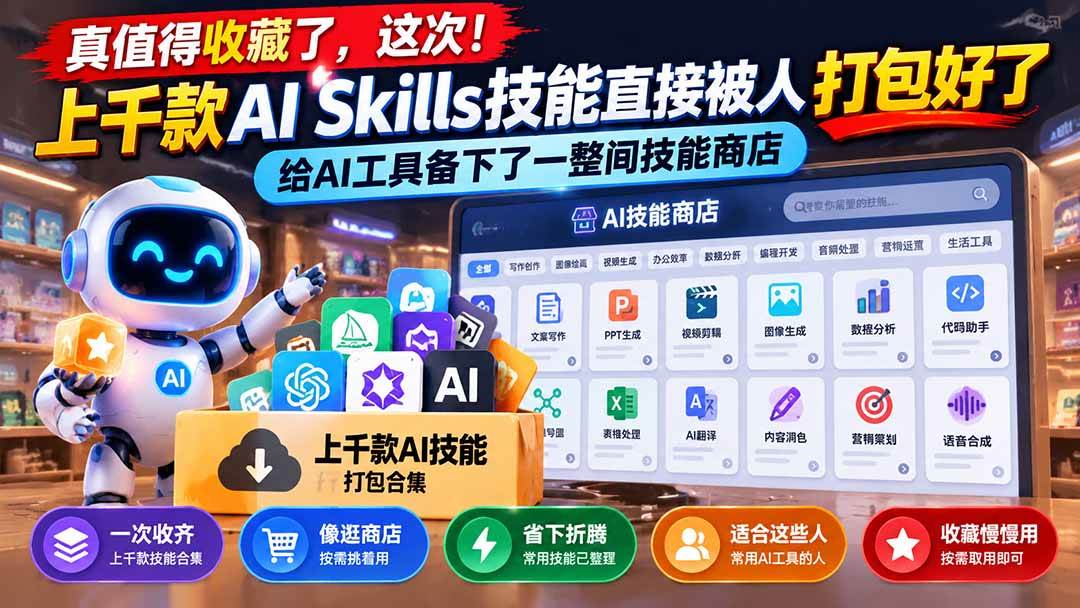 （21096期）真值得收藏了，这次！上千款AI Skills技能直接被人打包好了，给AI工具备下了一整间技能商店-多课资源站