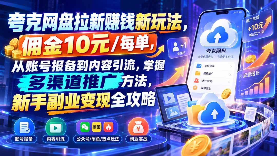 （21108期）夸克网盘拉新赚钱新玩法，佣金10元/每单，从账号报备到内容引流，掌握多渠道推广方法，新手副业变现全攻略-多课资源站