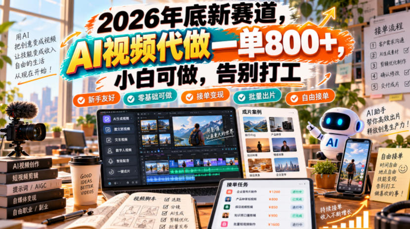 2026年底新赛道，AI视频代做一单800+，小白可做，告别打工-怪兽网创俱乐部