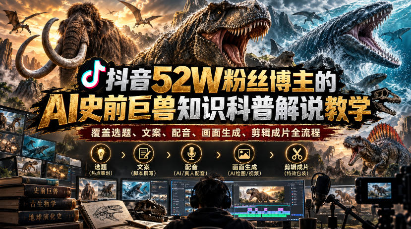 抖音52W粉丝博主的AI史前巨兽知识科普解说教学，覆盖选题、文案、配音、画面生成、剪辑成片全流程-多课资源站