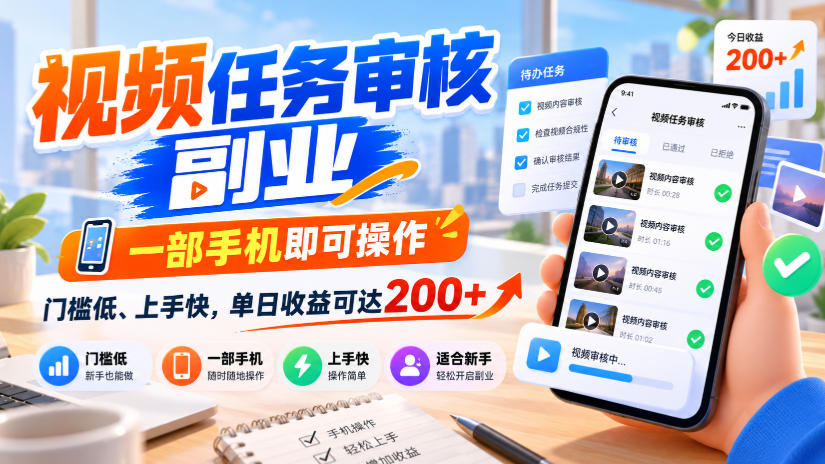 视频任务审核副业，一部手机即可操作，门槛低、上手快，单日收益可达200+【揭秘】-怪兽网创俱乐部