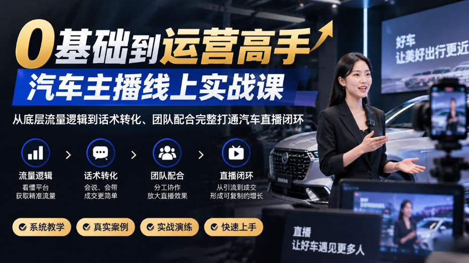0基础到运营高手，汽车主播线上实战课，从底层流量逻辑到话术转化、团队配合完整打通汽车直播闭环-多课资源站