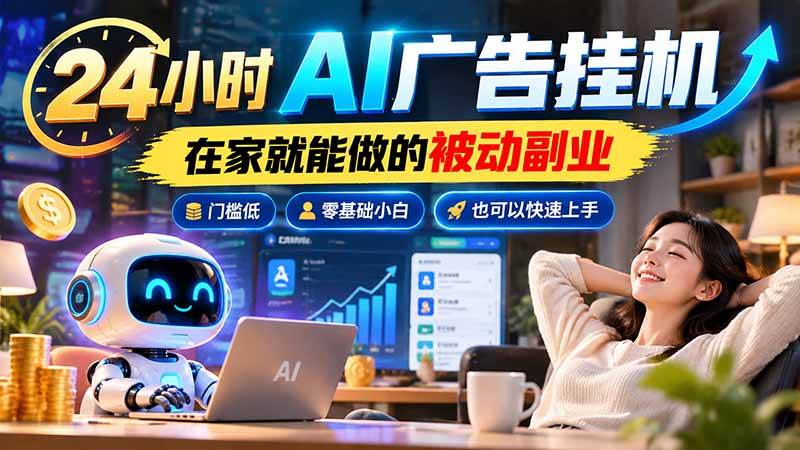 （21118期）24小时AI广告挂机｜在家就能做的被动副业，门槛低，零基础小白也可以快速上手-多课资源站