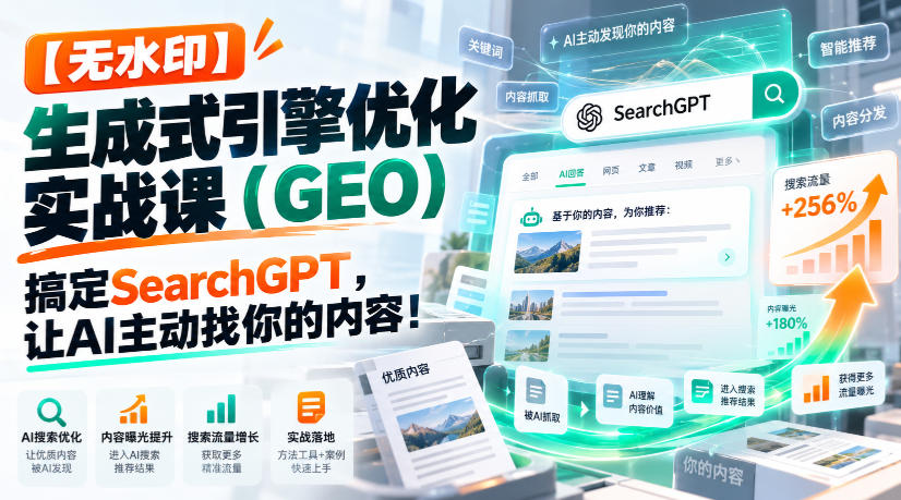 【无水印】生成式引擎优化（GEO）实战课：搞定SearchGPT，让AI主动找你的内容！【原创双语字幕】-多课资源站