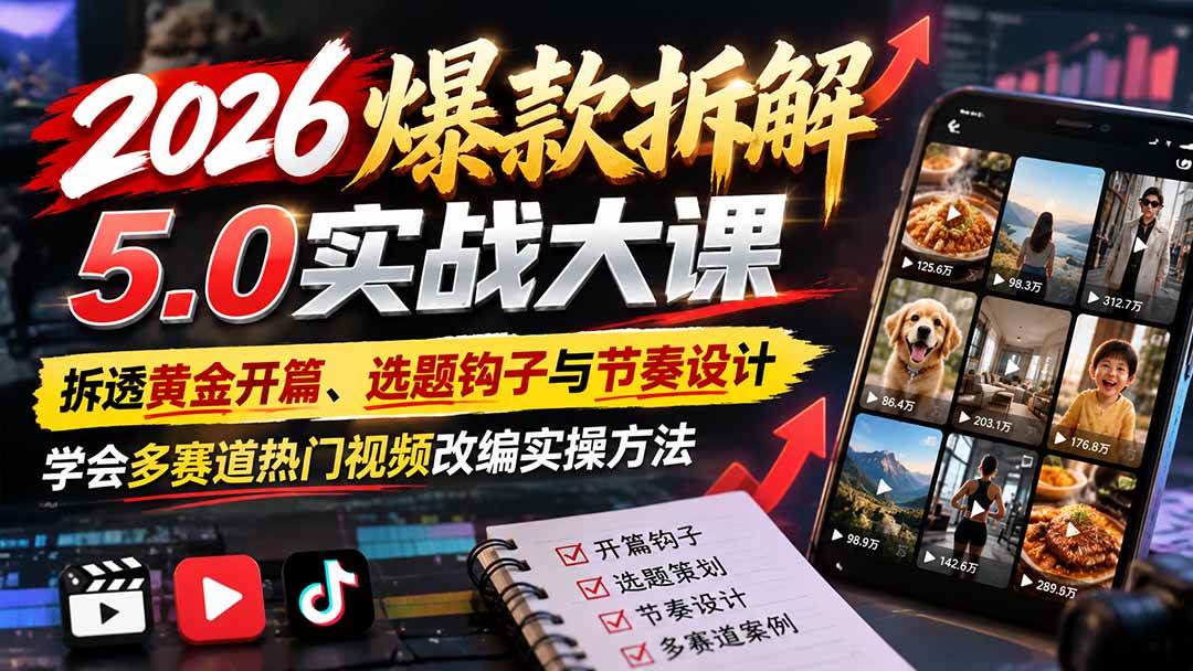 （21110期）2026爆款拆解5.0实战大课：拆透黄金开篇、选题钩子与节奏设计，学会多赛道热门视频改编实操方法-多课资源站