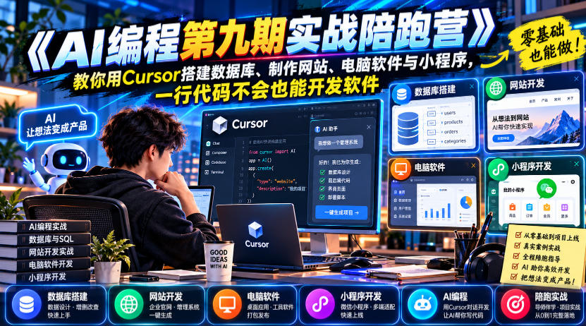 【无水印】《AI编程第九期实战陪跑营》教你用Cursor搭建数据库、制作网站、电脑软件与小程序,一行代码不会也能开发软件-多课资源站