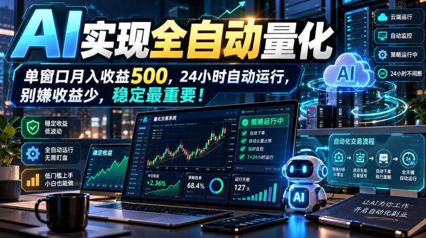 AI实现全自动量化，单窗口月入收益500，24小时自动运行，别嫌收益少，稳定最重要！【揭秘】-多课资源站