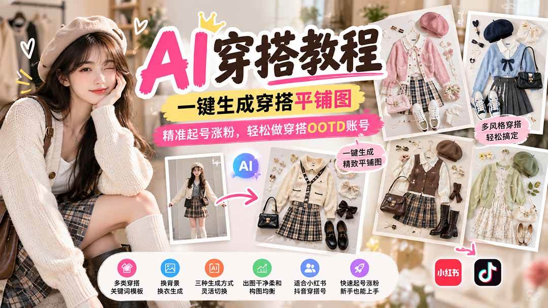 （21134期）【无水印】AI穿搭教程｜一键生成穿搭平铺图，精准起号涨粉，轻松做穿搭OOTD账号-多课资源站